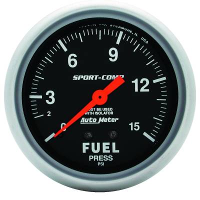 Auto Meter - Auto Meter Gauge; Fuel Pressure; 2 5/8in.; 15psi; Mechanical w/isolator; Sport-Comp 3413