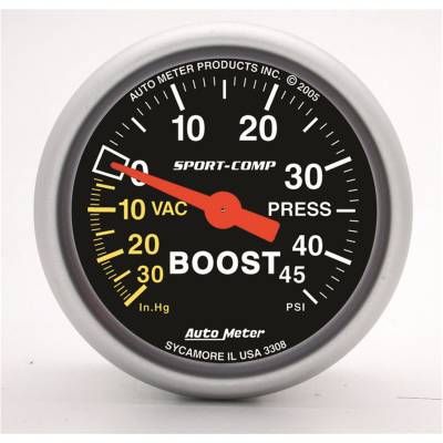 Auto Meter - Auto Meter Gauge; Vac/Boost; 2 1/16in.; 30inHg-45psi; Mechanical; Sport-Comp 3308