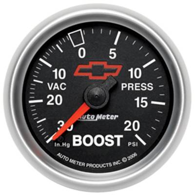 Auto Meter - Auto Meter Gauge; Vac/Boost; 2 1/16in.; 30inHg-20psi; Mechanical; GM Bowtie Black 3607-00406