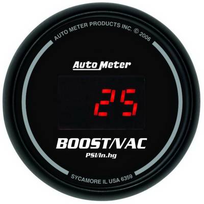 Auto Meter - Auto Meter Gauge; Vac/Boost; 2 1/16in.; 30inHg-30psi; Digital; Black Dial w/Red LED 6359