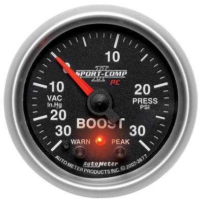 Auto Meter - Auto Meter Gauge; Vac/Boost; 2 1/16in.; 30inHg-30psi; Stepper Motor w/Peak/Warn; Sport-Comp 3677