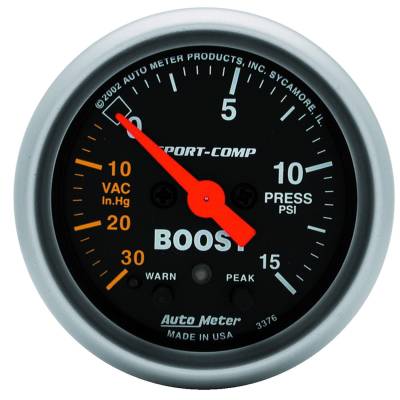 Auto Meter - Auto Meter Gauge; Vac/Boost; 2 1/16in.; 30inHG-15psi; Stepper Motor w/Peak/Warn; Sport-Comp 3376