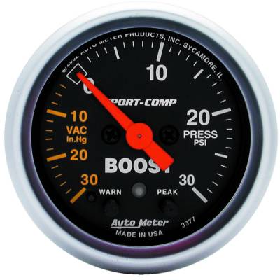 Auto Meter - Auto Meter Gauge; Vac/Boost; 2 1/16in.; 30inHG-30psi; Stepper Motor w/Peak/Warn; Sport-Comp 3377