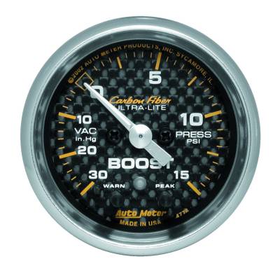 Auto Meter - Auto Meter Gauge; Vac/Boost; 2 1/16in.; 30inHg-15psi; Stepper Motor w/Peak/Warn; Carbon Fib 4776