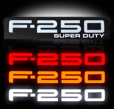 Recon Lighting - 08-10 Ford F250 Illuminated Emblems 2-Piece Kit Includes Driver & Passenger Side Fender Emblems in Black Chrome - Illuminates in 3 Different User Selectable Colors - F250 in AMBER, RED, & WHITE