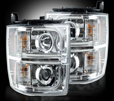 Recon Lighting - Chevrolet Silverado 2500/3500 Heavy Duty 14-17 (3rd GEN) PROJECTOR HEADLIGHTS w/ Ultra High Power Smooth OLED HALOS & DRL - Clear / Chrome