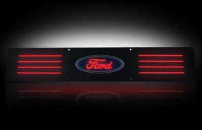 Recon Lighting - Ford 99-16 SUPERDUTY (Fits 4-Door Super Crew Rear Doors Only) Billet Aluminum Door Sill / Kick Plate in Black Finish - Ford Logo in RED ILLUMINATION