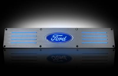 Recon Lighting - Ford 99-16 SUPERDUTY (Fits 4-Door Super Crew Rear Doors Only) Billet Aluminum Door Sill / Kick Plate in Brushed Finish - Ford Logo in BLUE ILLUMINATION