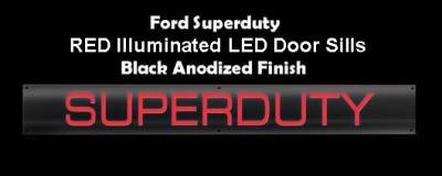Recon Lighting - Ford 99-16 SUPERDUTY Billet Aluminum Door Sill / Kick Plate (2pc Kit Fits Driver & Front Passenger Side Doors Only) in Black Finish - SUPERDUTY in RED ILLUMINATION