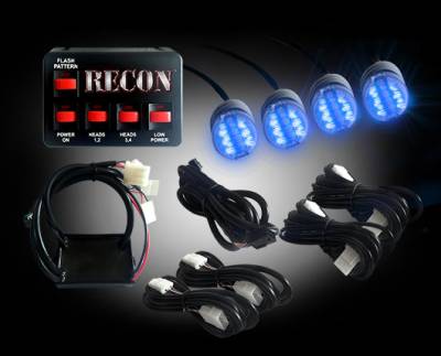 Recon Lighting - 36-Watt 4-Bulb Professional-Grade LED Blue Strobe Light Kit with 19 Different Flash Patterns & In-Vehicle Control Switch - All Plug & Play