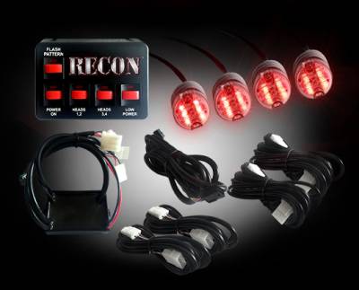 Recon Lighting - 36-Watt 4-Bulb Professional-Grade LED Red Strobe Light Kit with 19 Different Flash Patterns & In-Vehicle Control Switch - All Plug & Play
