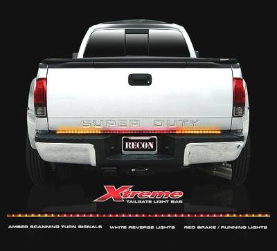Recon Lighting - 49" Tailgate Bar w/ Amber "Scanning" LED Turn Signals & Red LED Brake/Running Lights & White LED Reverse Lights (Includes Part # 2641X - In-Line Resistor Box for CANBUS electrical systems) (49" bar fits most flare side and smaller trucks and SUV's)