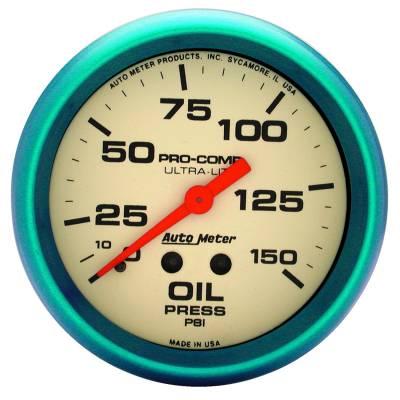 Auto Meter Gauge; Oil Press; 2 5/8in.; 150psi; Mech.; Glow in the Dark; Ultra-Nite 4523