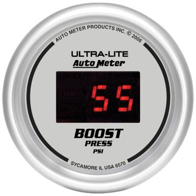 Auto Meter Gauge; Boost; 2 1/16in.; 60psi; Digital; Silver Dial w/Red LED 6570