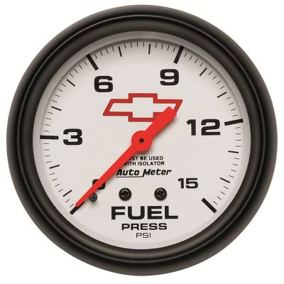 Auto Meter Gauge; Fuel Press; 2 5/8in.; 15psi; Mech w/Isolator; GM Bowtie White 5813-00406