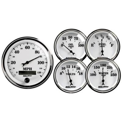 Auto Meter Gauge Kit; 5 pc.; 3 3/8in./2 1/16in.; Elec. Speedometer; Old Tyme White II 1200