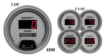 Auto Meter Gauge Kit; 5 pc.; 3 3/8in./2 1/16in.; Elec. Speedo.; Digital; Silver Dial w/Red 6500
