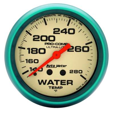Auto Meter Gauge; Water Temp; 2 5/8in.; 140-280deg. F; Liq Filld Mech; 4ft.; Glow in Dark; 4235