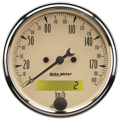 Auto Meter Gauge; Speedometer; 3 1/8in.; 190km/h; Elec. Prog. w/LCD Odo; Antique Beige 1887-M