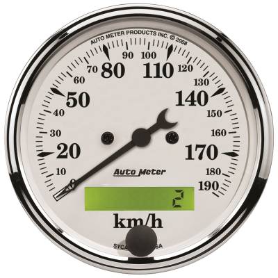 Auto Meter Gauge; Speedometer; 3 1/8in.; 190km/h; Elec. Prog. w/LCD Odo; Old Tyme White 1688-M
