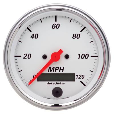 Auto Meter Gauge; Speedometer; 3 3/8in.; 120mph; Elec. Prog. w/LCD Odo; Arctic White 1380