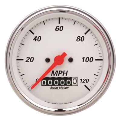 Auto Meter Gauge; Speedometer; 3 3/8in.; 120mph; Elec. Prog. w/Wheel Odo; Arctic White 1379