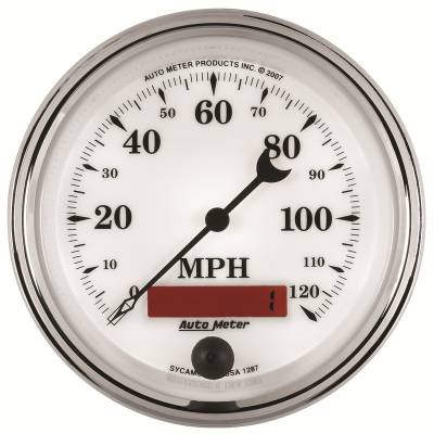 Auto Meter Gauge; Speedometer; 3 3/8in.; 120mph; Elec. Prog. w/LCD Odo; Old Tyme Wht II 1287