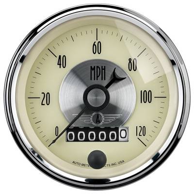 Auto Meter Gauge; Speedo; 3 3/8in.; 120mph; Elec. Program w/Wheel odo; Prestige Antq. Ivory 2089