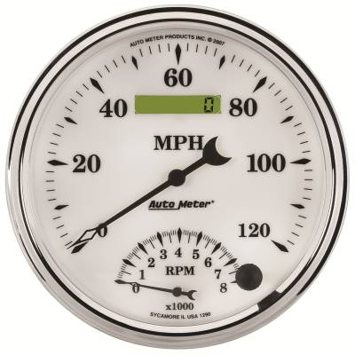Auto Meter Gauge; Tach/Speedo; 5in.; 120mph/8k RPM; Elec. Program; Old Tyme White II 1290