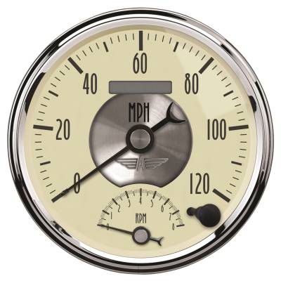 Auto Meter Gauge; Tach/Speedo; 5in.; 120mph/8k RPM; Elec. Program.; Prestige Antq. Ivory 2090