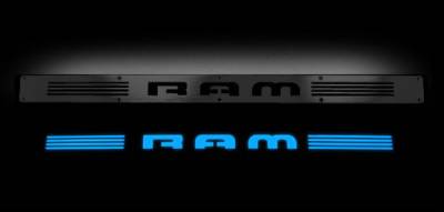 Recon Lighting - Dodge RAM 02-14 1500 & 03-14 2500/3500 Billet Aluminum Door Sill / Kick Plate (2pc Kit Fits Driver & Front Passenger Side Doors Only) in Black Finish - RAM in BLUE ILLUMINATION - Image 1