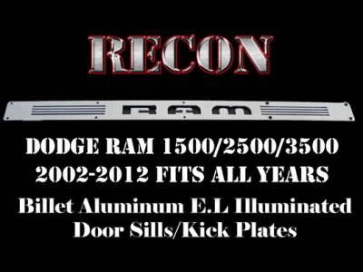 Recon Lighting - Dodge RAM 02-14 1500 & 03-14 2500/3500 Billet Aluminum Door Sill / Kick Plate (2pc Kit Fits Driver & Front Passenger Side Doors Only) in Brushed Finish - RAM in BLUE ILLUMINATION - Image 3