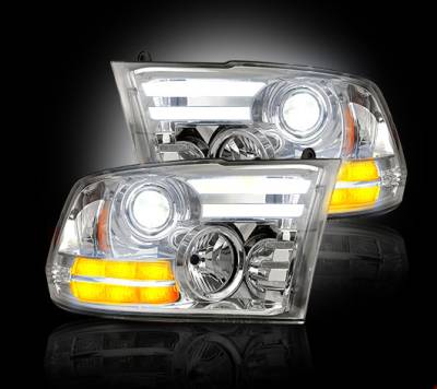 Recon Lighting - Dodge RAM 14-15 1500 & 15-16 2500/3500 PROJECTOR HEADLIGHTS w/ Ultra High Power Smooth OLED DRL & High Power Amber LED Turn Signals - Clear / Chrome - Image 2