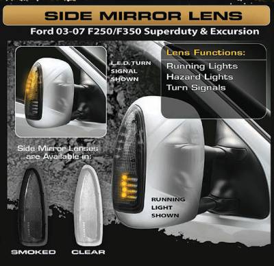 Recon Lighting - Ford 03-07 F250/F350 Superduty & Excursion Side Mirror Lenses (2-Piece Set) w/ AMBER LED Running Lights & Turn Signals - Clear Lens - Image 3