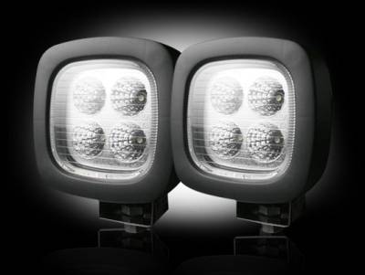1800 Lumen LED Driving / Utility Light Kit w Square Shaped Housing - Four White 12W 6500K LED's in Each Light - Sold as a Pair - Chrome Internal Housing with Clear Lens w/ Black Housing - Housing Dimensions are (LxWxH) 4.30" x 3.00" x 4.30"