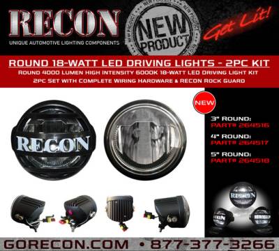 Recon Lighting - 4" Round 4000 Lumen High Intensity 6000K 18-Watt LED Driving Light Kit - 2pc Set with Complete Wiring Hardware & RECON Rock Guard - Image 3