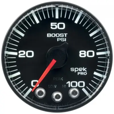 Auto Meter Gauge; Boost; 2 1/16in.; 100psi; Stepper Motor w/Peak/Warn; Blk; Spek-Pro P305328